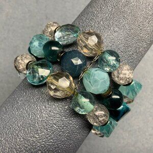 Triple Strand Chunky Bracelet 7 In Teal Blue Clear Crackle Bead Stretch Silver